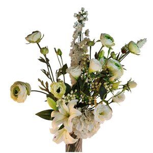 Artificial White Floral Bouquet W/ Lilies Roses & Hydrangeas - 13 Stems Realisti